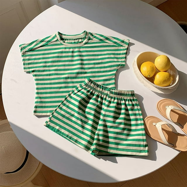 Ensembles de Vêtements pour Enfants 1-12 Ans Coton Rayé Ensembles Courts Filles Garçons Tenues de Mode Manches Courtes Col Rond