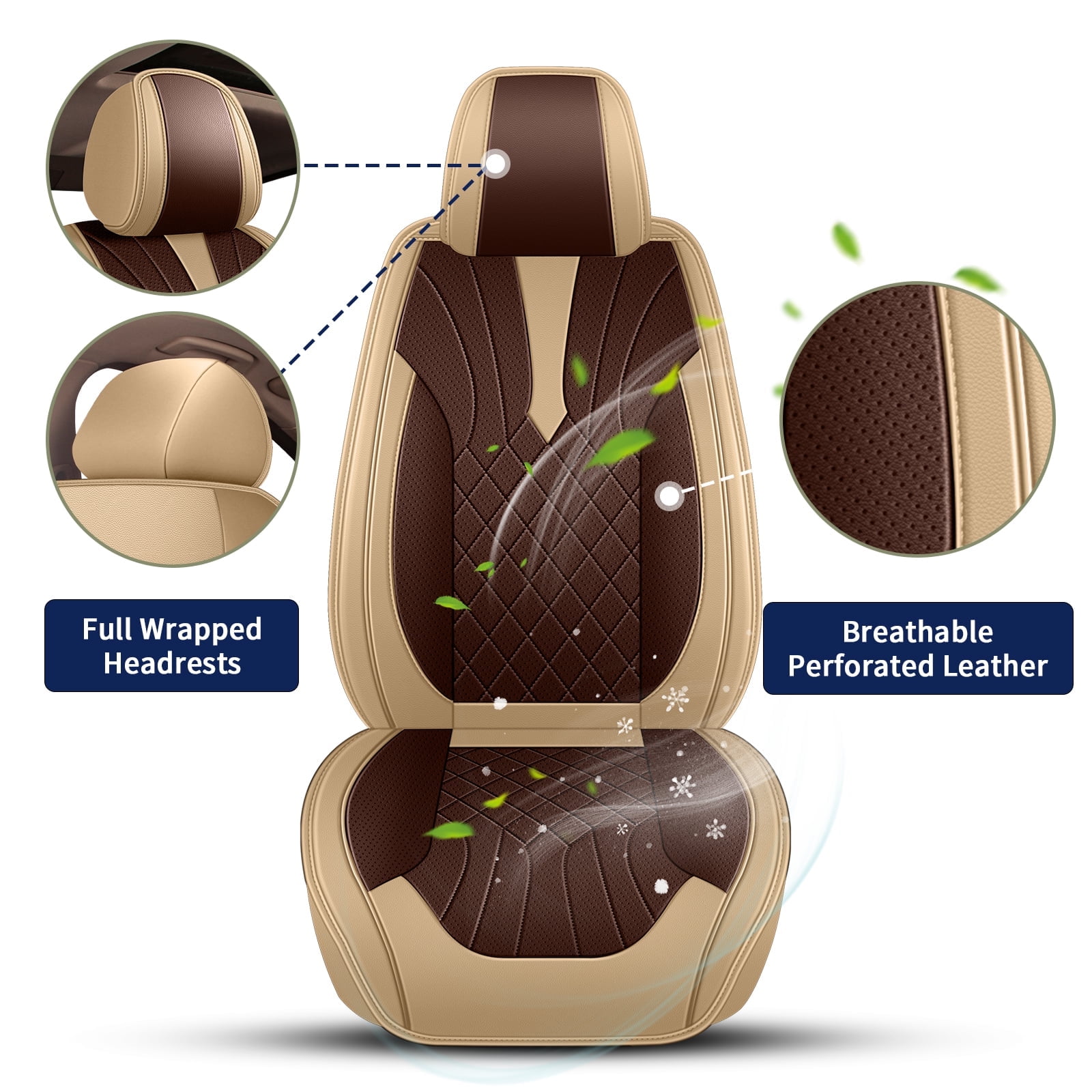 DIKSOAKR Car Seat Covers for Toyota RAV4 1998-2018, Breathable Perforated Faux Leather Seat Cover, 2 Front Seats Interior Automotive Accessories, Beige & Brown