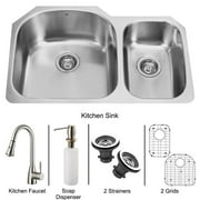 VIGO All-In-One 31” Braddock Stainless Steel Double Bowl Undermount Kitchen Sink Set With Aylesbury Faucet In Stainless Steel, Two Grids, Two Strainers And Soap Dispenser