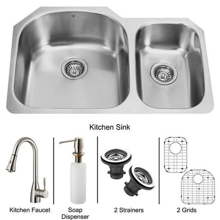 VIGO All-In-One 31” Braddock Stainless Steel Double Bowl Undermount Kitchen Sink Set With Aylesbury Faucet In Stainless Steel, Two Grids, Two Strainers And Soap Dispenser