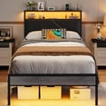 thumbnail image 2 of Sesslife Twin Size Bed Frame with Leather Upholstered Storage Headboard and Charging Station, LED Metal Platform Bed with Headboard and Footboard RGB Lights, No Box Spring Needed, Noise Free, Black, 2 of 12