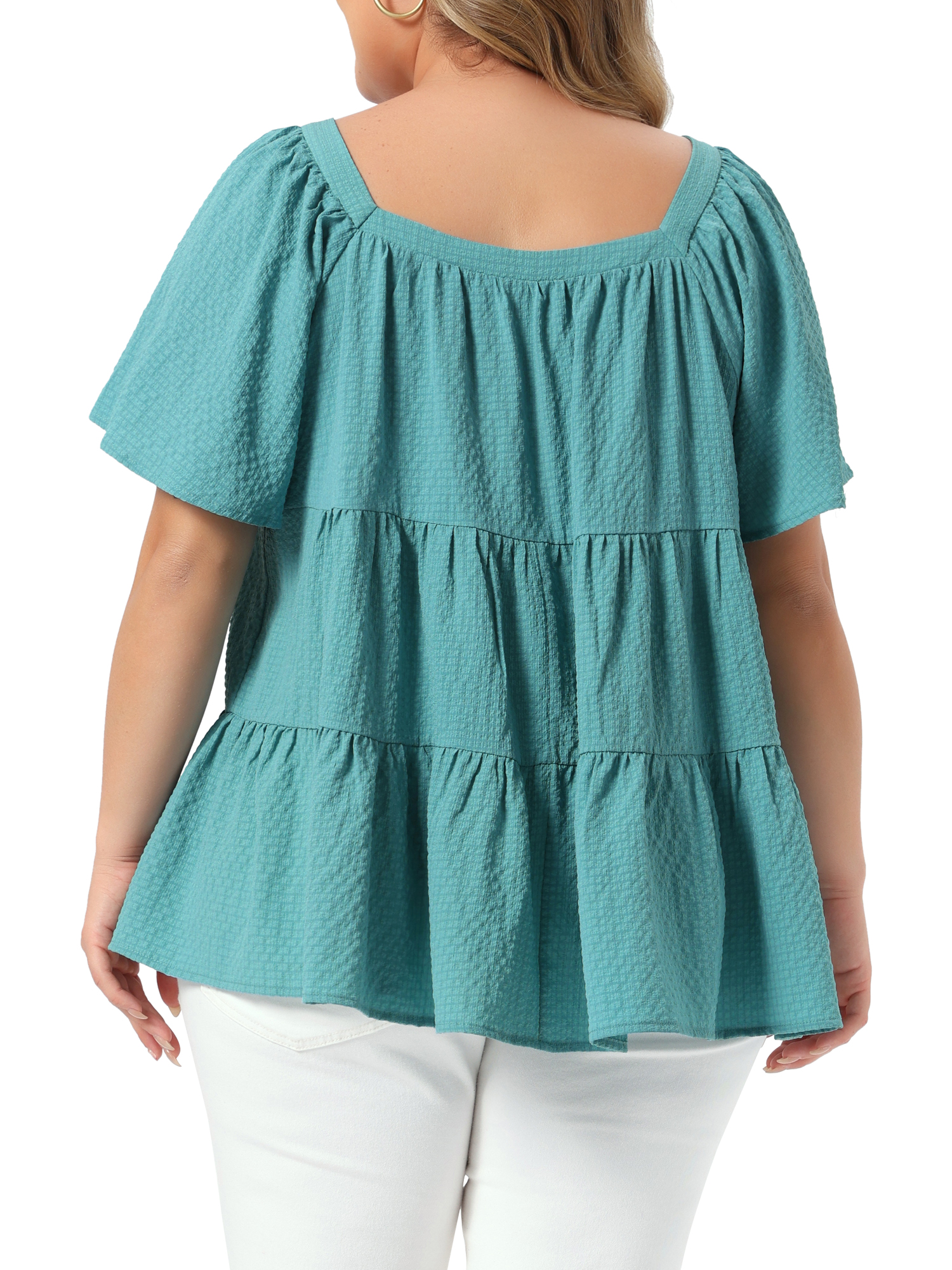 DARING DIVA Women's Plus Summer Square Neck Short Sleeve Tops 1X Lake Blue