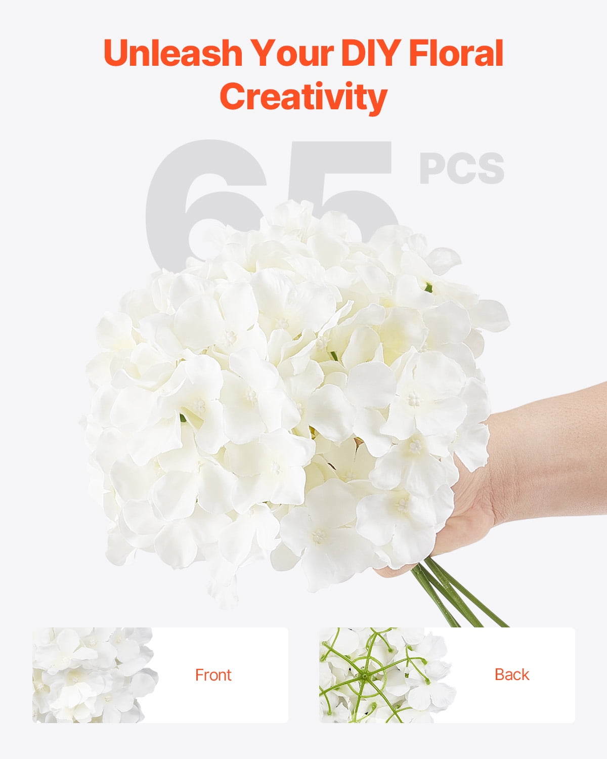 VEVOR Artificial Flowers, 65 pcs Real Looking White Silk Fake Hydrangea Bulk, White Faux Bridal Shower with Stems for DIY Wedding Bouquets, Home Centerpieces Arrangements, Party Tables Decorations