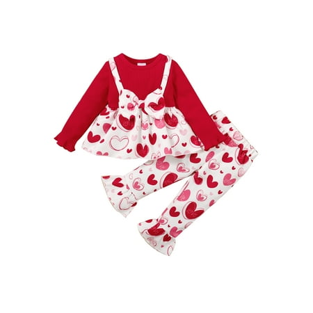 

Toddler Kids Girl Heart Print Valentine’s Day Outfits 2Pcs Ribbed Shirts Tunic Top Flared Pants Set