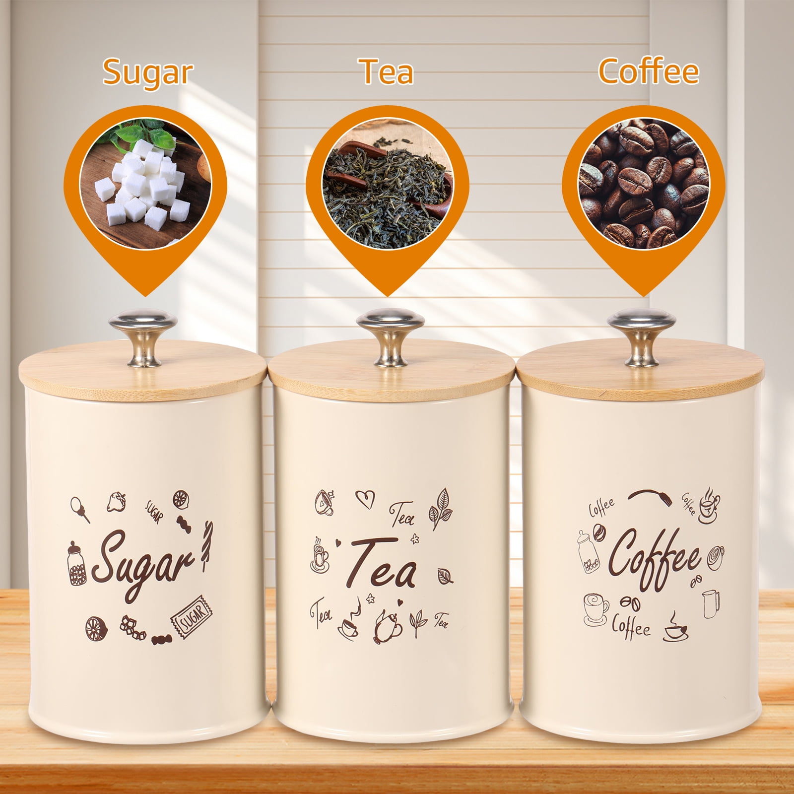 FUYGRCJ 3PCS Food Storage Canisters with Bamboo Lid, Airtight Iron Tea Sugar Coffee Canisters, Versatile Tea Coffee Sugar Canister Set, Smooth Coffee Tea Sugar Container Set for Coffee Sugar Tea