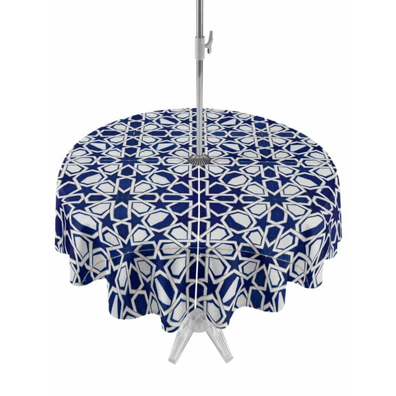 Navy Blue Geometric Outdoor Tablecloth - 60 Inch Round Dining Table Cover, Vintage Abstract Art Waterproof Outdoor Table Cloth with Umbrella Hole & Zipper for Picnic/Patio/Party