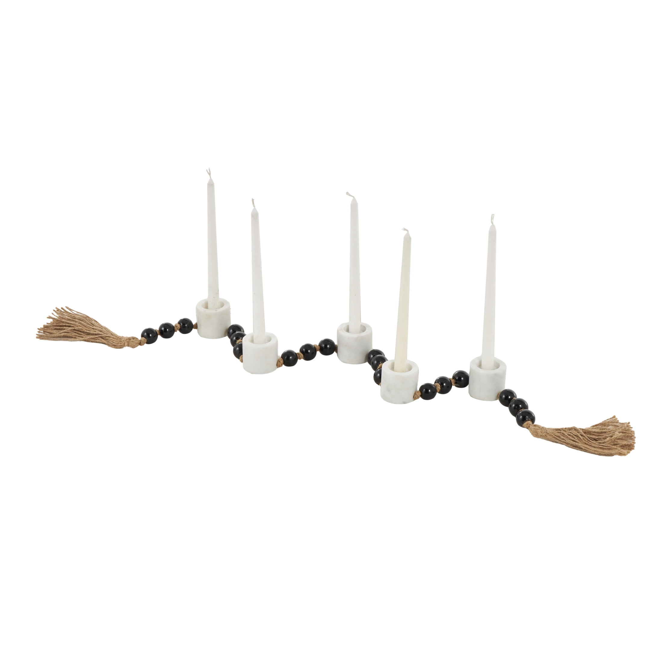 DecMode 5 Candle White Marble Round Garland Candle Holder with Brown Tassel and Black Beads
