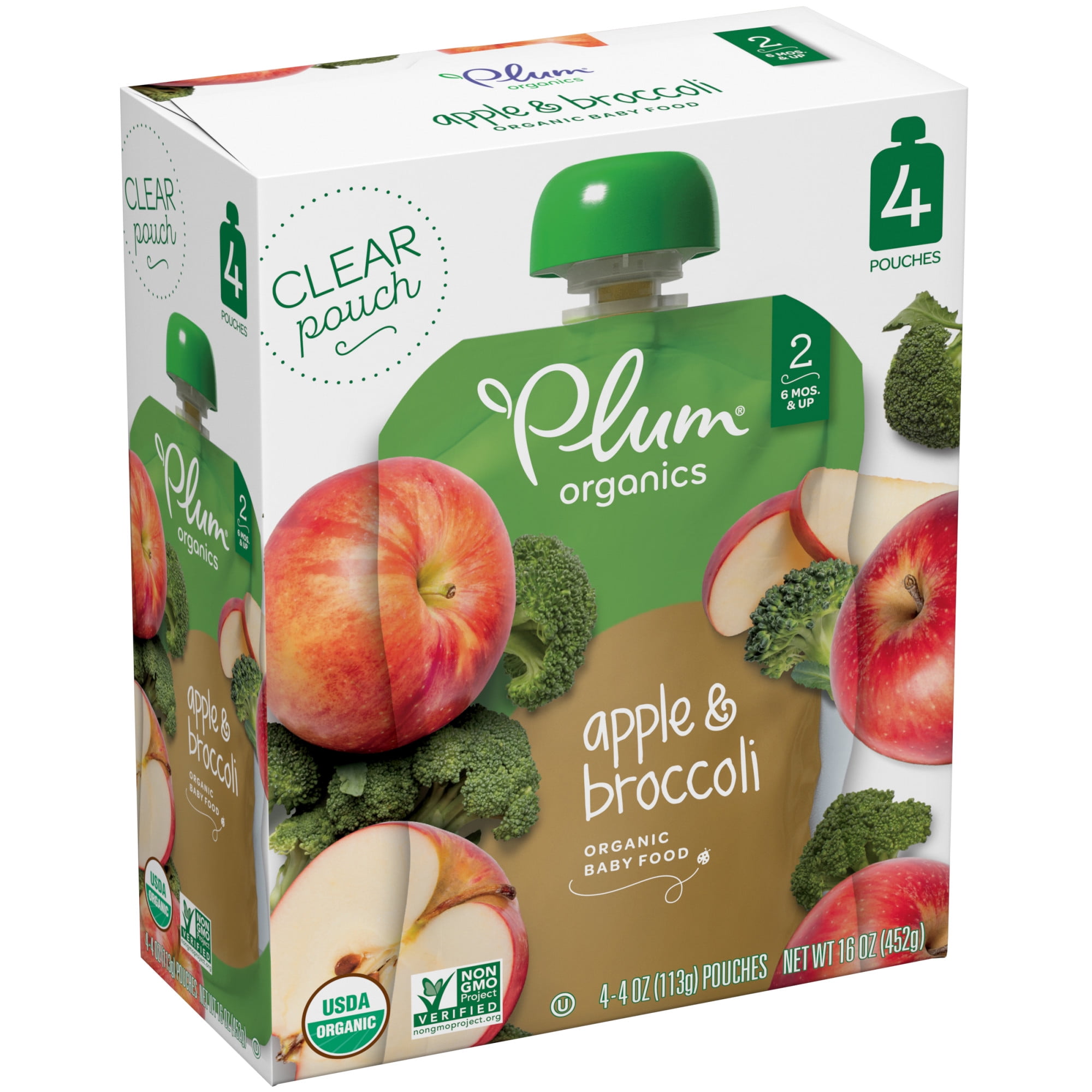 (4 Pack) Plum Organics Organic Stage 2, Apple & Broccoli Baby Food, 1 Pouch (113g) Pouch