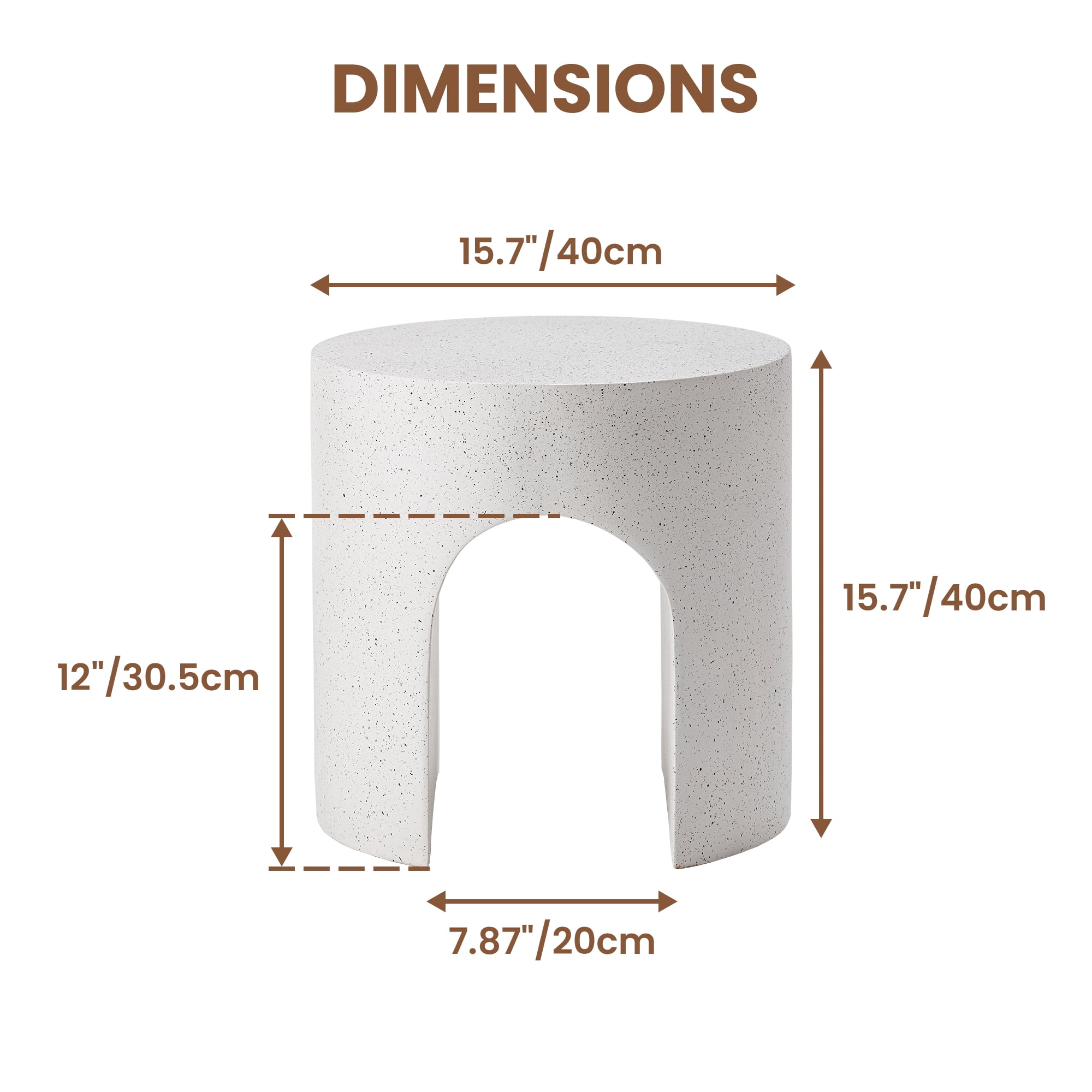 FOROUTIA 15.7" White Speckled Arch Side Table, Waterproof Magnesium Oxide Accent Table, Modern Indoor Outdoor End Table for Patio, Living Room, Bedroom, Small Space Stool