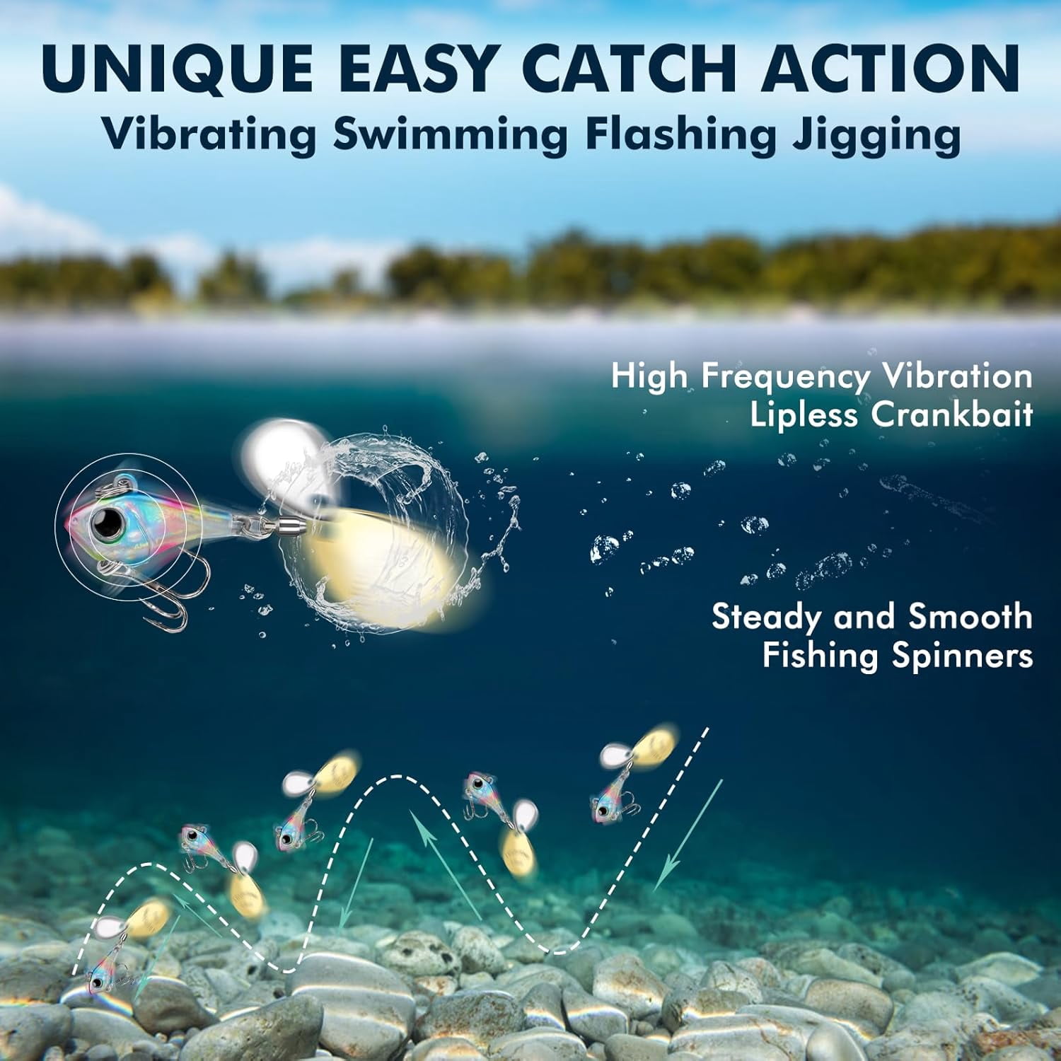 TRUSCEND Vibespinner Lures with BKK Hooks – Easy Catch: 4 Actions (Vibrate/Swim/Flash/Jig) for More Bites, Longer Cast Search Bait – Jigs for Bass, Crappie, Trout– Ideal for Family Fishing