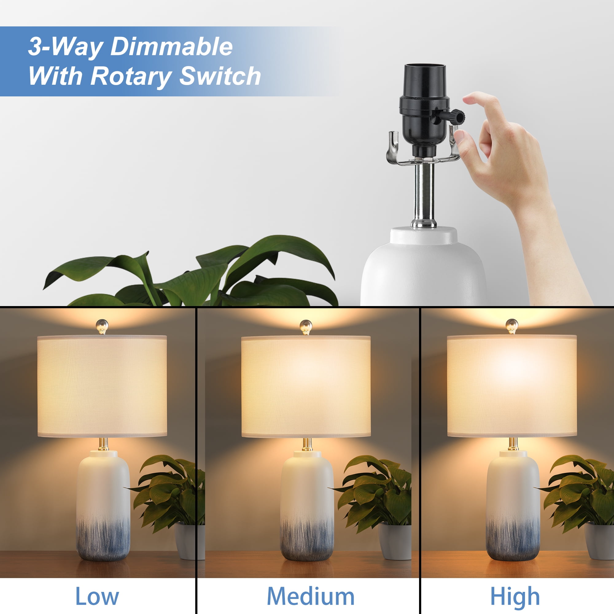 Maxax Blue Ceramic Table Lamps Set of 2, 24" 3-Way Dimmable Bedside Lamps for Bedroom & Living Room