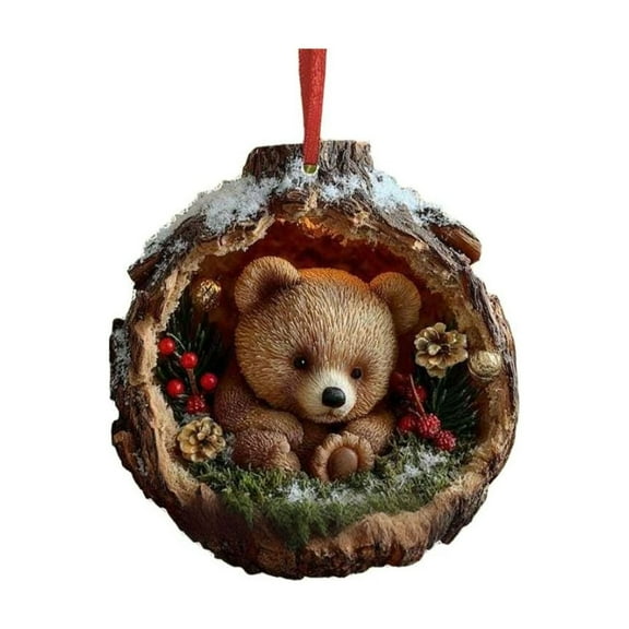 Taicans forest Animal Christmas Ornament - Acrylic Bear in Hollow Log,Winter Scene Holiday Decor,Unique Gift for Animal Lovers,Rustic Nature-Themed Home Decor,Christmas Tree Hanging Ornament