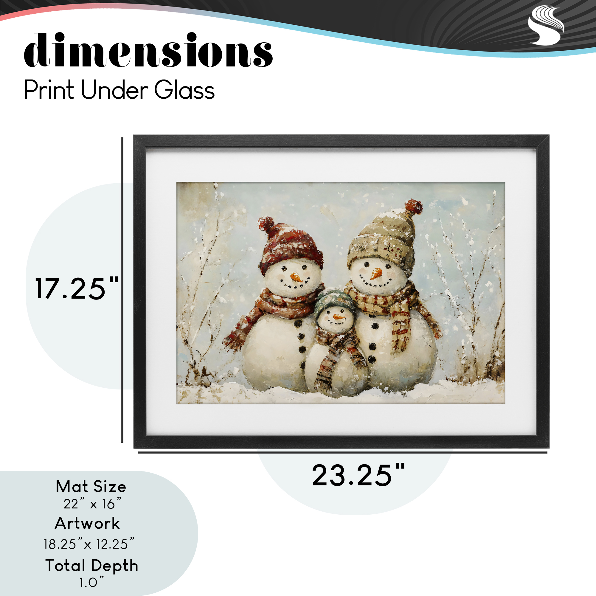 Snowman Family Of Three Black Framed Print Under Glass, design by Petal Prints Design