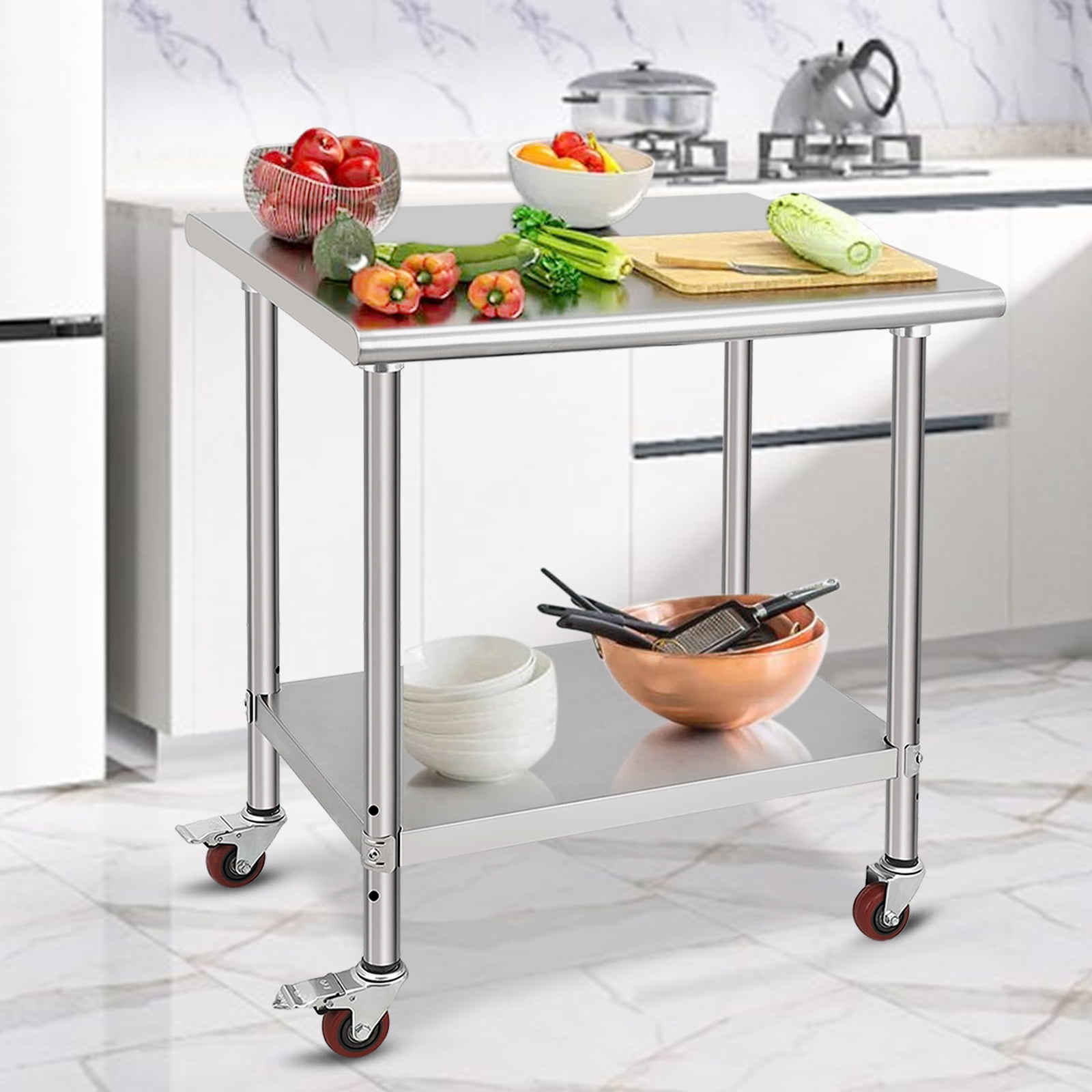 ChaoLink Stainless Steel Prep Table, 30 x 24 Inches Kitchen Work Tables with Wheels, NSF Commercial Worktable for Restaurant and HomeNo backsplash + wheels