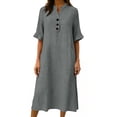 thumbnail image 5 of SAWOBUUN Womens Washed Cotton Blend Midi Dress Button V Neck Half Sleeve Casual Loose Summer Dress with Pockets, 5 of 6