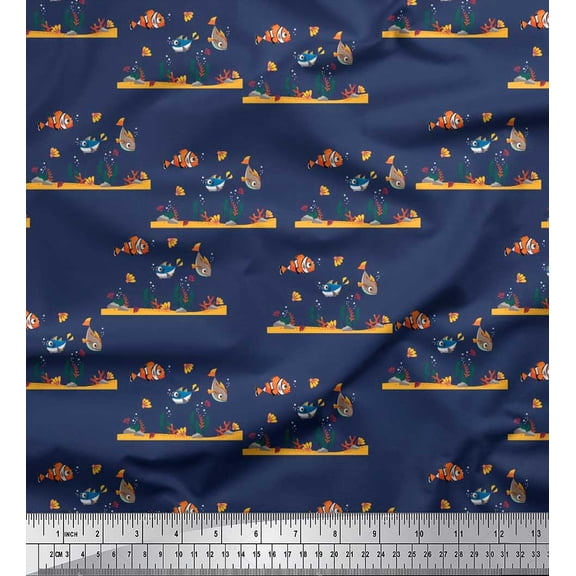 Soimoi Poly Georgette Fabric Coral & Fish Ocean Decor Fabric Printed Yard 42 Inch Wide