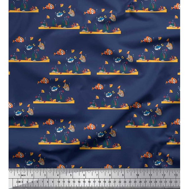 Soimoi Polyester Crepe Fabric Coral & Fish Ocean Print Fabric by The Yard 52 Inch Wide
