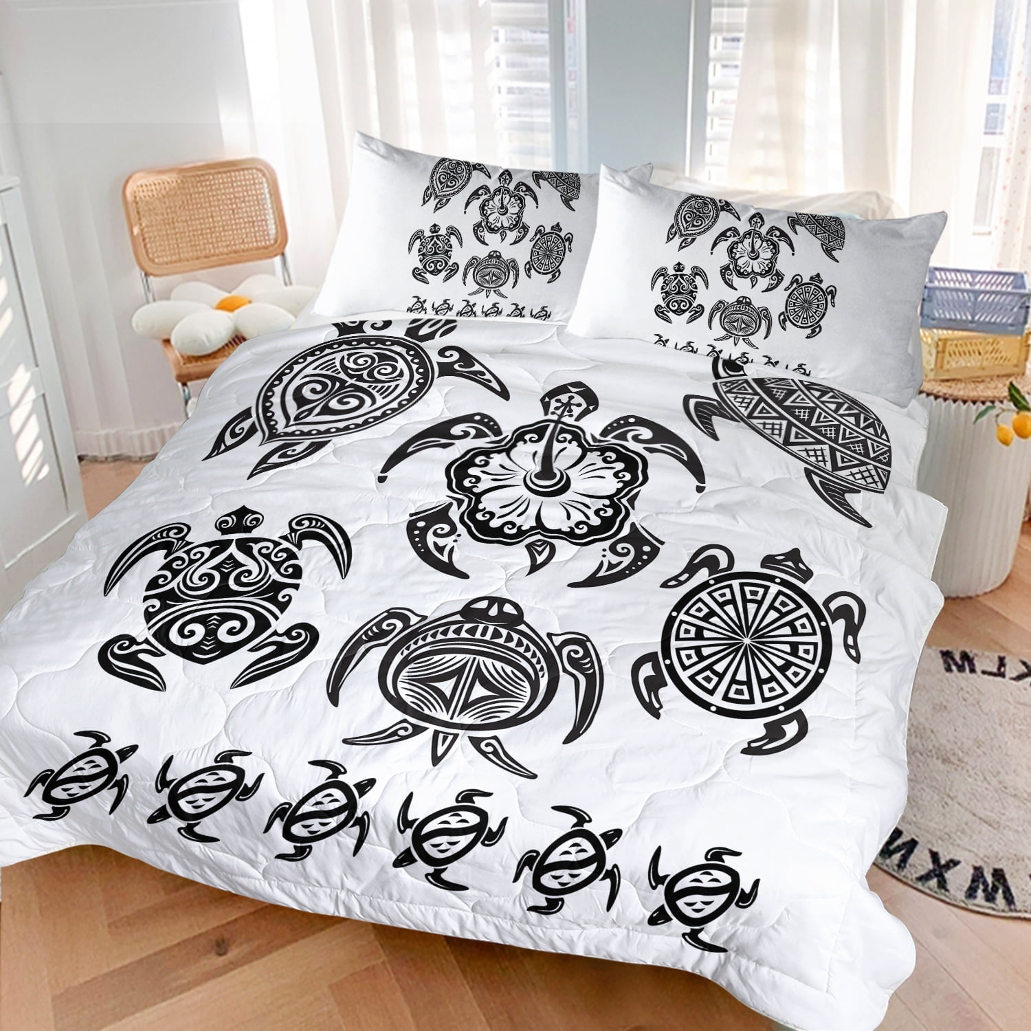 Blessliving Tortoise Bedding Set, Black and White Sea Turtle Comforter