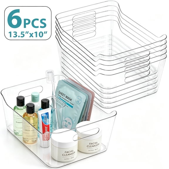 6 Pack Clear Plastic Storage Bins, TAIMASI Extra Large Pantry Organizer, 13.5" x 10" Multi-Use Organizer Bins, Stackable Storage Containers for Home, Kitchen, Cabinet
