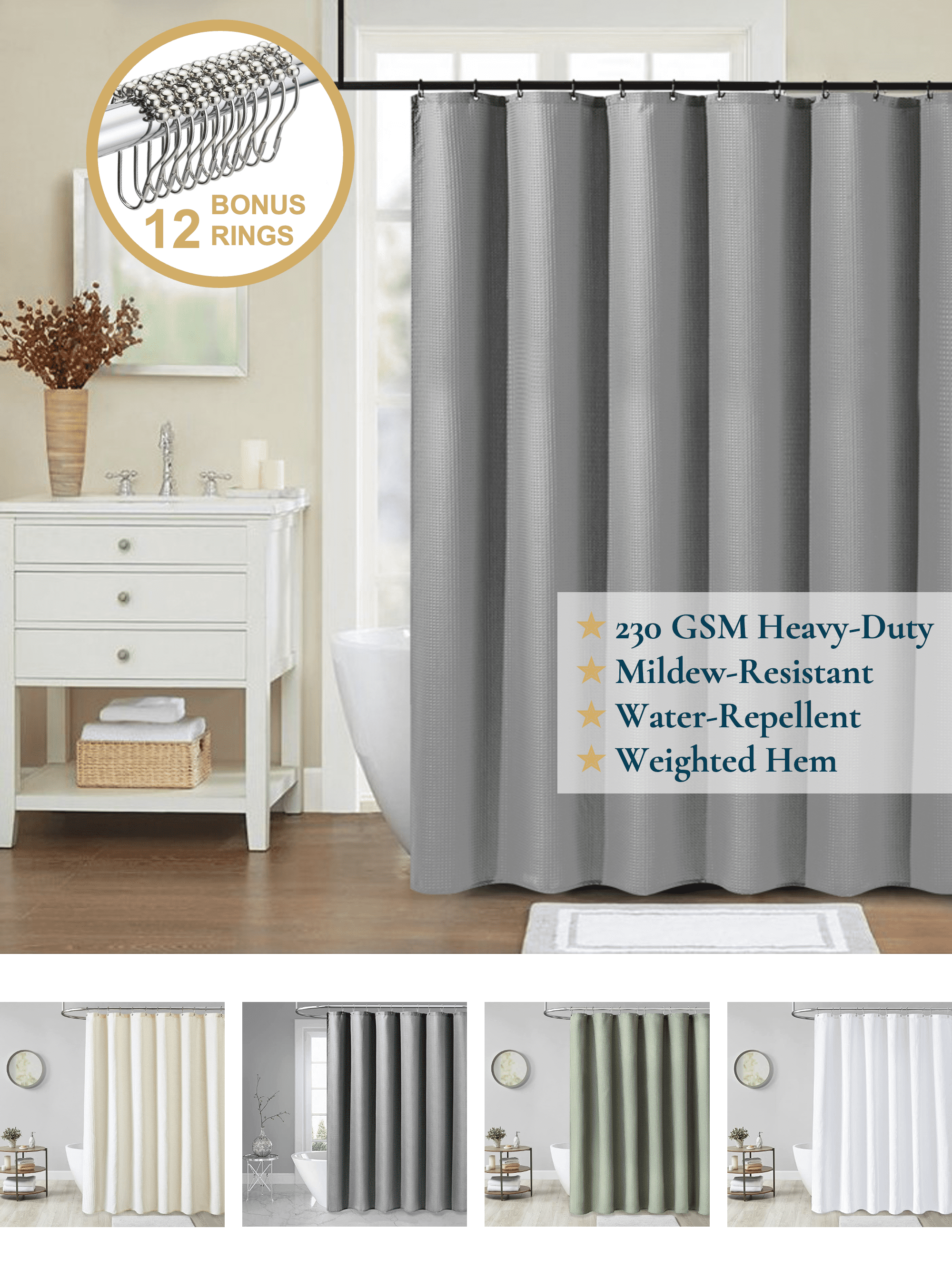 ComfiTime Fabric Shower Curtain with Hooks 230 GSM HeavyDuty