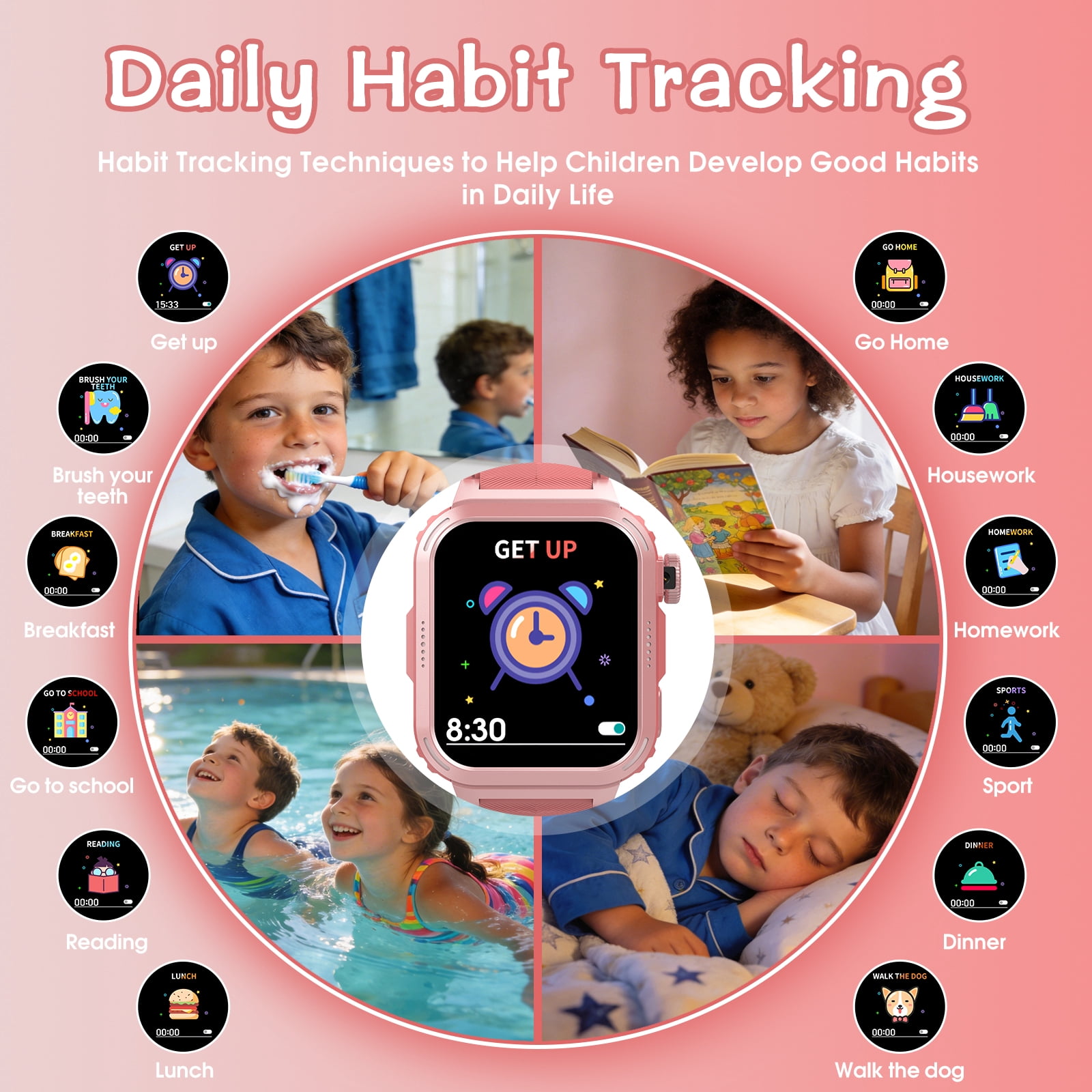 Coucur Kids Smart Watch with Classroom Mode, 1.83 HD Touch Screen Smartwatch for Kids, Learn Cards, Camera, Music Player, 14 Puzzle Games, 100 Sports Modes, IP68 Waterproof, Best Gift for Kid