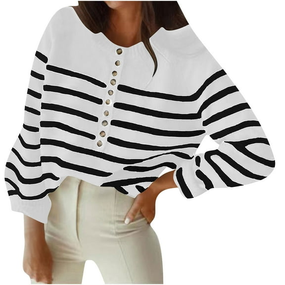 Women Striped Sweaters with Buttons Crew Neck Baggy Casual Knit Pullover Sweatshirt Long Sleeve Loose Fall Tops (XL, White)