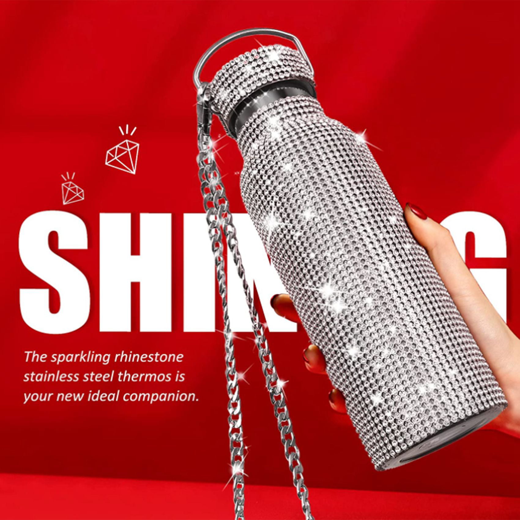 Bling Water Bottle Diamond Vacuum Flask Portable Outdoor Sports Thermos for Girls Women Keep Water Hot or Cold 12oz, silver Glitter Rhinestone Stainless Steel Insulated Water Bottle 