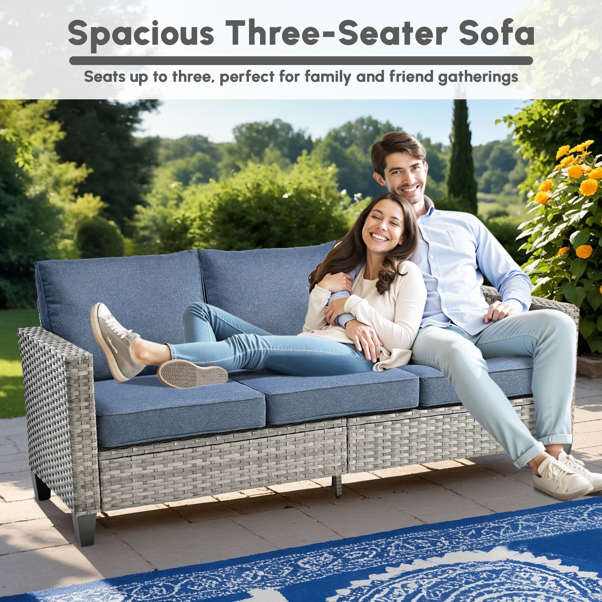 Ovios 4 Pieces Outdoor Patio Furniture Set with Lighted Coffee Table All-Weather Wicker Rattan Conversation Sofa Set, Denim Blue