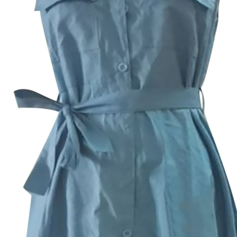 VSSSJ Women Casual Solid Color Sleeveless Denim Shirt Dresses Button Down  Tie Waist Swing Holiday Summer Midi Dress with Pockets - Walmart.com