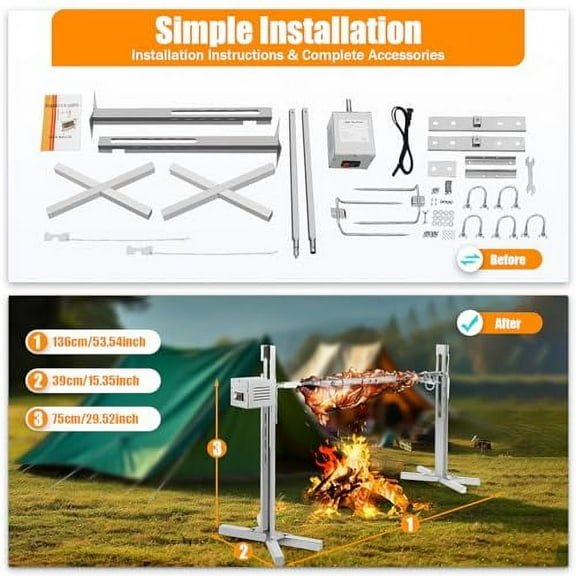 Electric BBQ Rotisserie Grill Kit,Adjustable Height Pig Roaster Grill,Stainless Steel 88.18 lbs Rotisserie Stand,Automatic Rotating Lamb Hooded Roaster Rack Motor Kit 25W