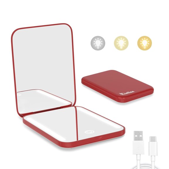 Rechargeable Pocket Mirror, Double Sided 1X/3X Magnification Compact Vanity Mirror, 3 Color Lights, Dimmable, Small Portable Wallet Mirror, Lighted Travel Mirror for Women Gifts, Wine Red
