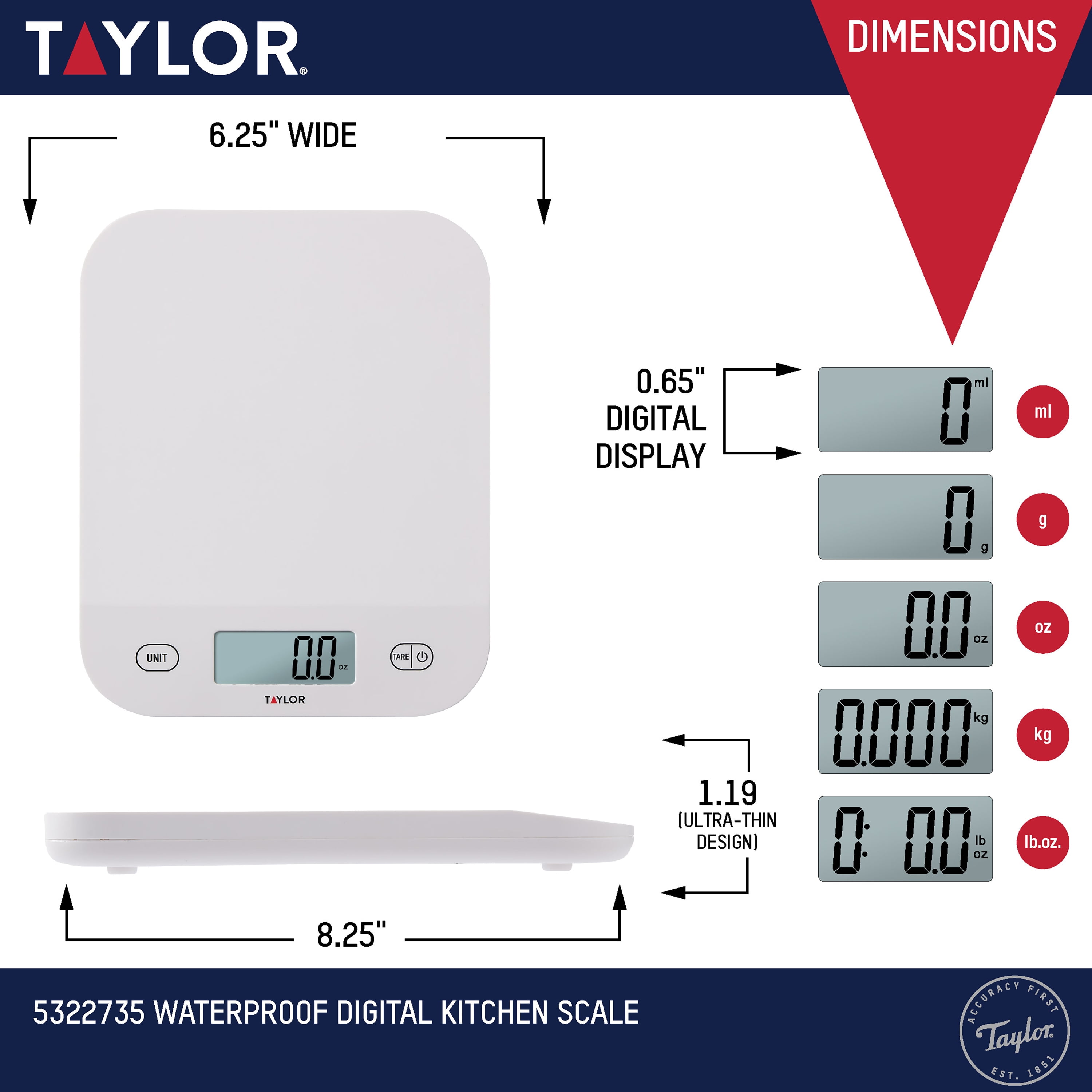 Taylor Digital Waterproof Kitchen and Food Scale with Grams & Ounces, White 11LB Capacity