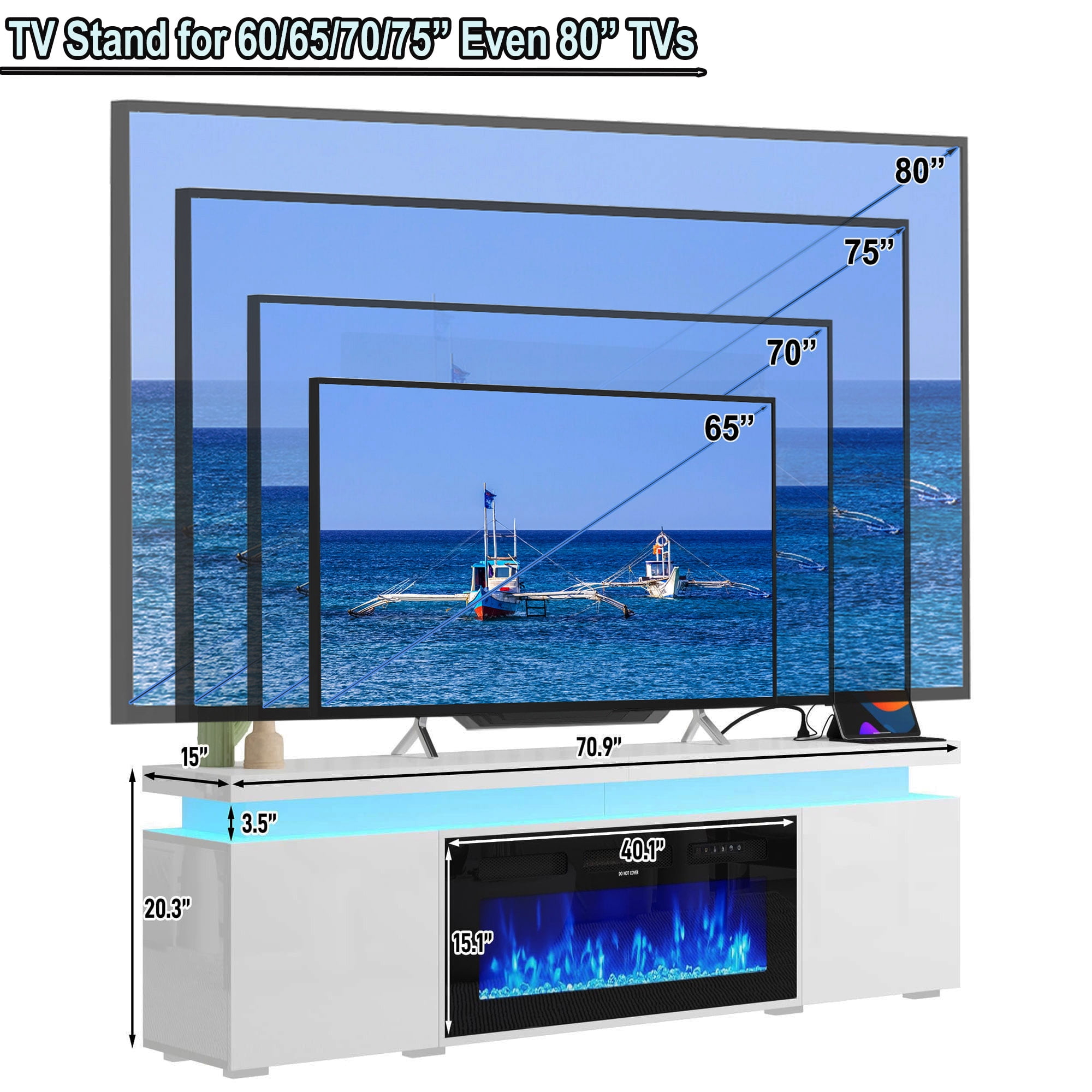 Fireplace TV Stand for 70" 75" 80" with LED Light & Outlets, 70" Large Entertainment Center Gaming Soundbar Shelf with 40'' Electric Fireplace