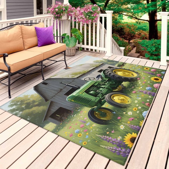 Green Farm Truck Outdoor Rug 4x6 Ft, Non Slip Washable Area Rug, Farmhouse Floral Grey Barn Patio Rugs Carpet Runner, Large Floor Mat for Indoor/Outdoor Deck Porch Camping