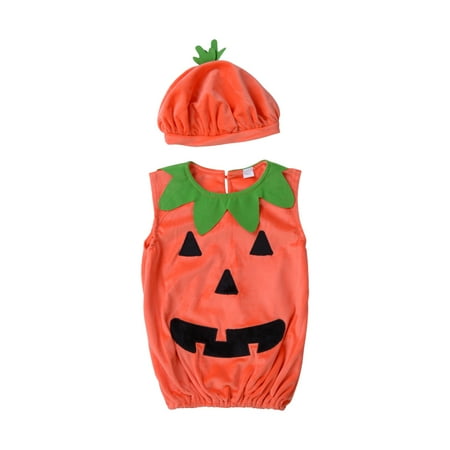 

Liliz Baby 2PCS Halloween Costumes Sleeveless Back Button Pumpkin Long Loose Top Shirt Beanie Hat Set