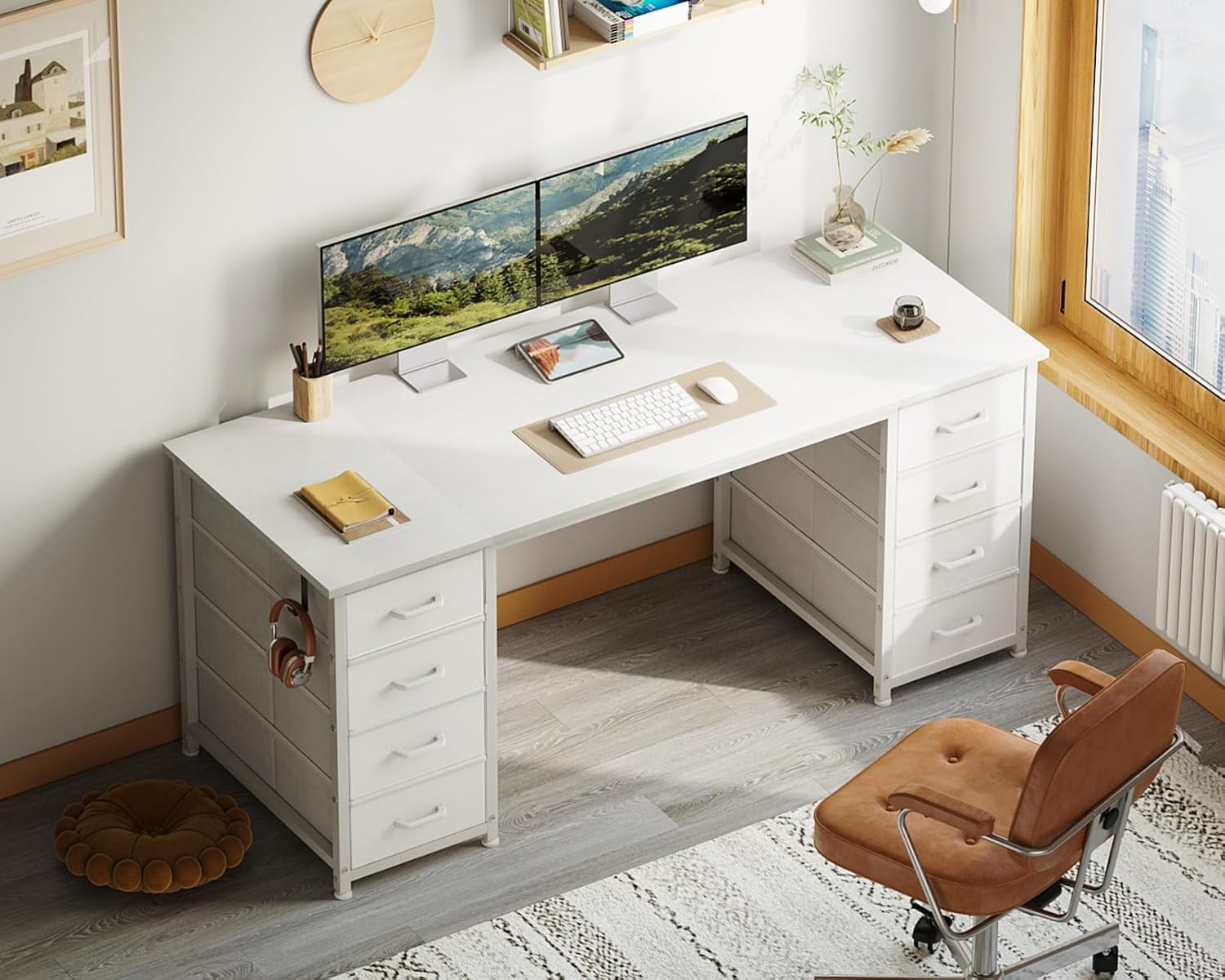 ZYPPP 55 Inch Computer Desk with 8 Fabric Drawers, Modern Office Desk with Large Storage for Home Office, Study, Gaming, White