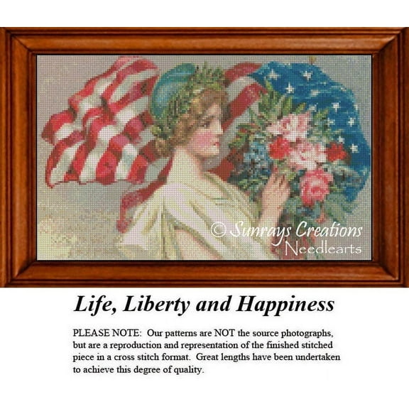 Vintage Cross Stitch Pattern | Life, Liberty and Happiness (Pattern Only, You Provide The Floss and Fabric)