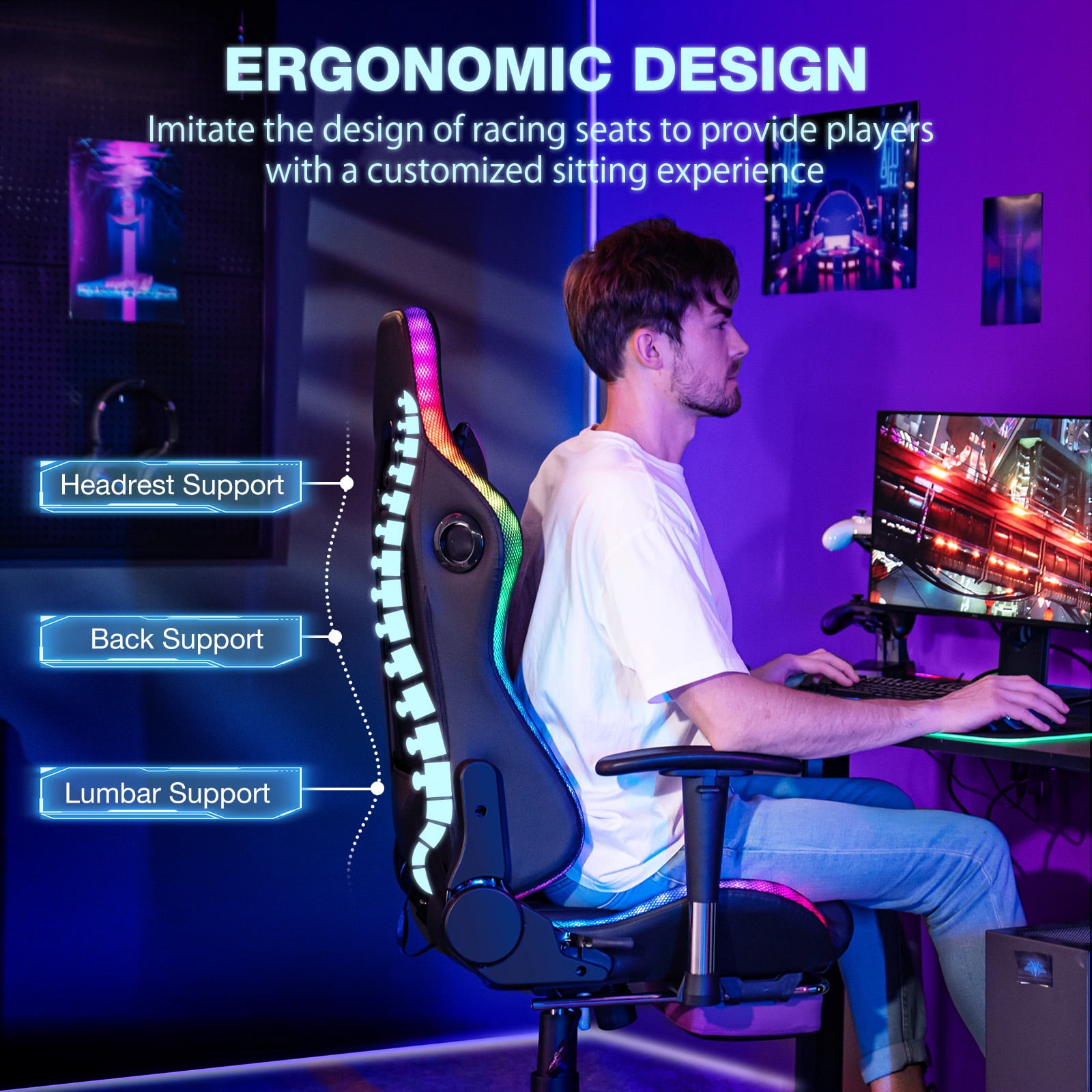 Hoffree Gaming Chair with Speakers Gamer Chair with Footrest and Massage Reclining Video Game Chair with Led Lights and Swivel Seat and Headrest and 2D Armrests for Adults
