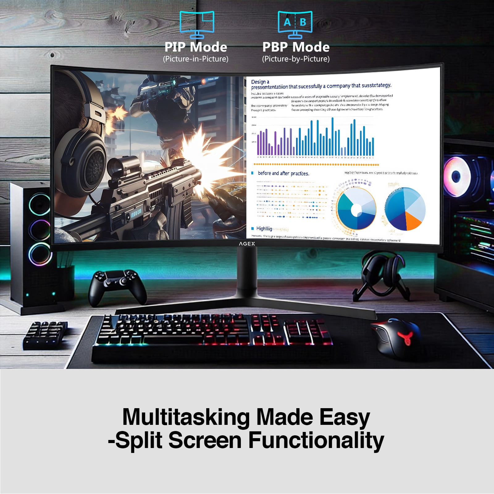 AGEX 34-Inch Curved Ultrawide Gaming Monitor - WQHD 3440x1440, 240Hz, 1ms, VA Panel, HDR, FreeSync, 100% sRGB, HDMI/DP Ports
