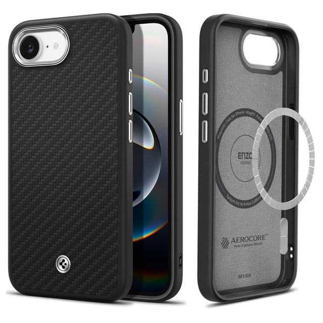 Funda Spigen para iPhone 16e Enzo Aramid MagFit, color negro mate