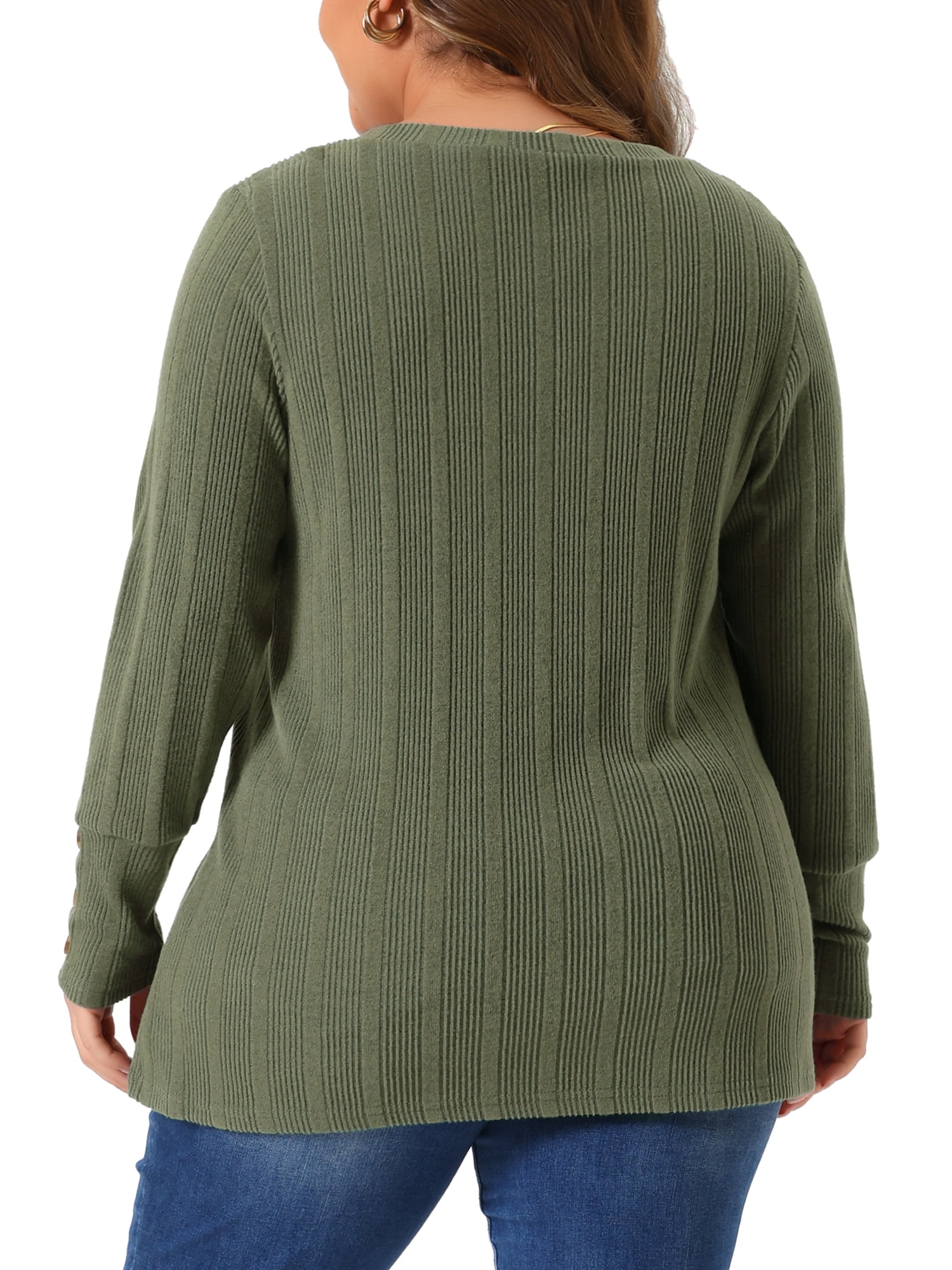 DARING DIVA Women's Plus Knit Tops V Neck Button Stretch Sweater 1X Army Green