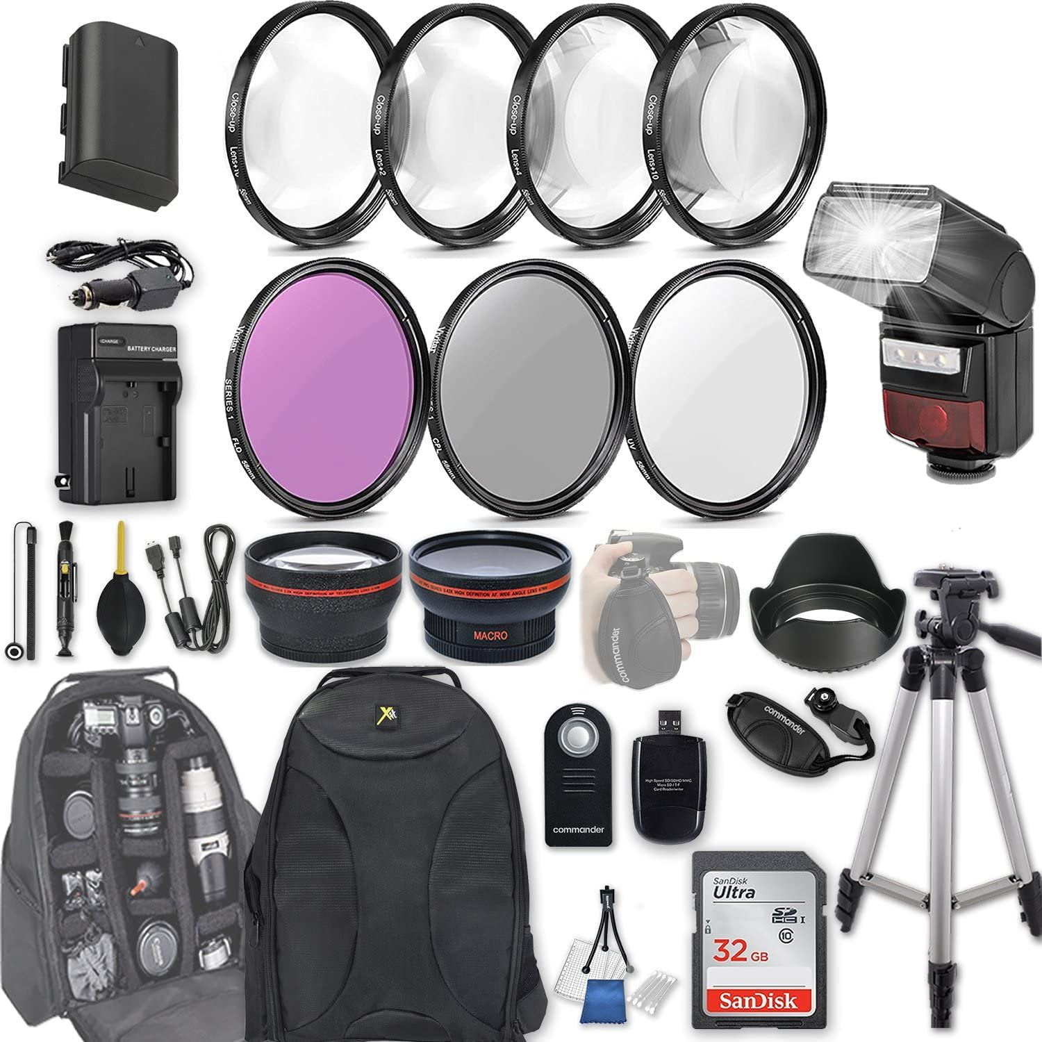58mm 28 Pc Accessory Kit for EOS Rebel 70D, 80D DSLRs with 0.43x Wide 2.2X Telephoto Lens, LED-Flash, 32GB SD, Filter Macro Kits, Backpack Case, and More -