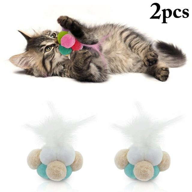 2PCS Cat Ball Toy Interactive Bell Cat Pompom Toy Cat Feather Toy Cat Play Ball