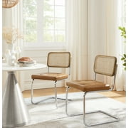 Art Leon Set of 2 Cane Dining Chairs Oak Woven Frame PU Leather with Chrome Legs
