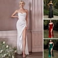 thumbnail image 2 of Quixlent Women Evening Dress Spaghetti Strap Low-cut Off Shoulder Backless Sleeveless Slit Hem Pleated Maxi Dress Satin Wedding Banquet Ball Gown, 2 of 8