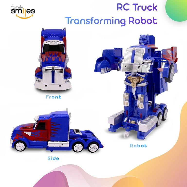 Family Smiles Kids RC Truck Toy Transforming Robot Remote Control Vehicle 1:14 Scale Gift Toys For Boys Ages 8 - 12 Blue -