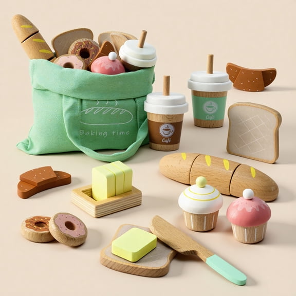 Jolie Vallee Pretend Play Food Set for Toddlers - 17 PCS Wooden Bakery Kitchen Toys with Storage Bag