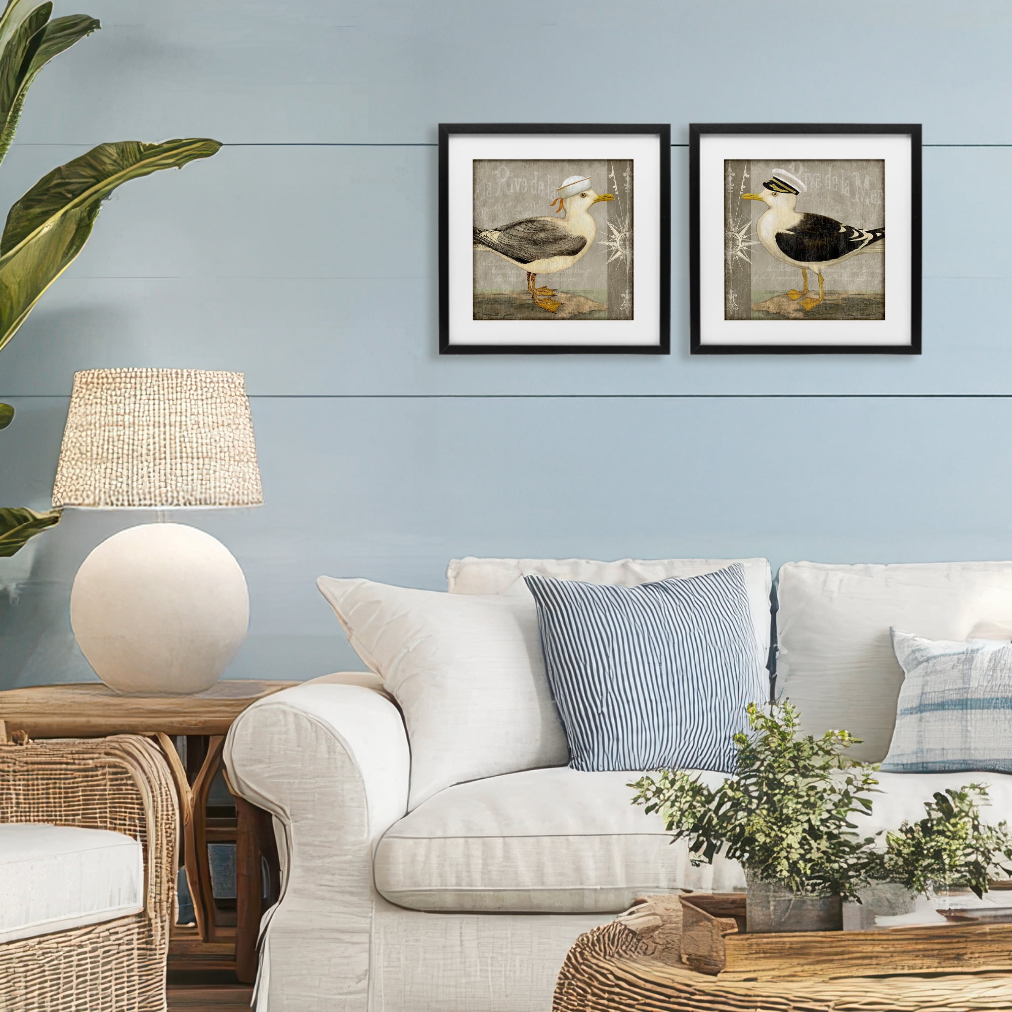 Stupell Industries Little Seagulls with Hats 2 Piece Black Framed Print Under Glass Set, design by Suzanne Nicoll