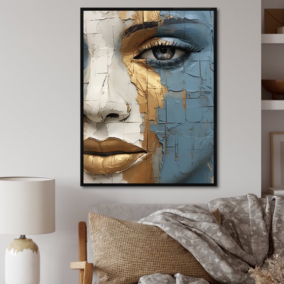 Designart "African Woman Portrait In Blue And Gold I" Africa Floater Framed Canvas Art Print
