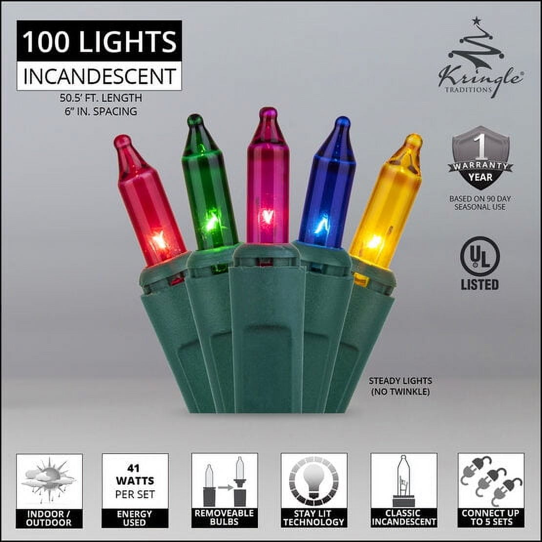 Kringle Traditions 100-Ct Indoor-Outdoor Multi Color String Lights Set for Parties, Bedroom - 50' Green Wire